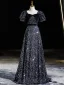 Scintillantes Noire Paillettes Robe De Bal 2024 Princesse Encolure Carrée Noeud Manches Courtes Dos Nu Longue Promo Robe De Ceremonie