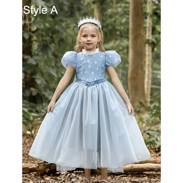 Fashion Sky Blue Star Sequins Birthday Flower Girl Dresses 2023 A-Line / Princess High Neck Puffy Short Sleeve Tea-length Flower Girl Dresses