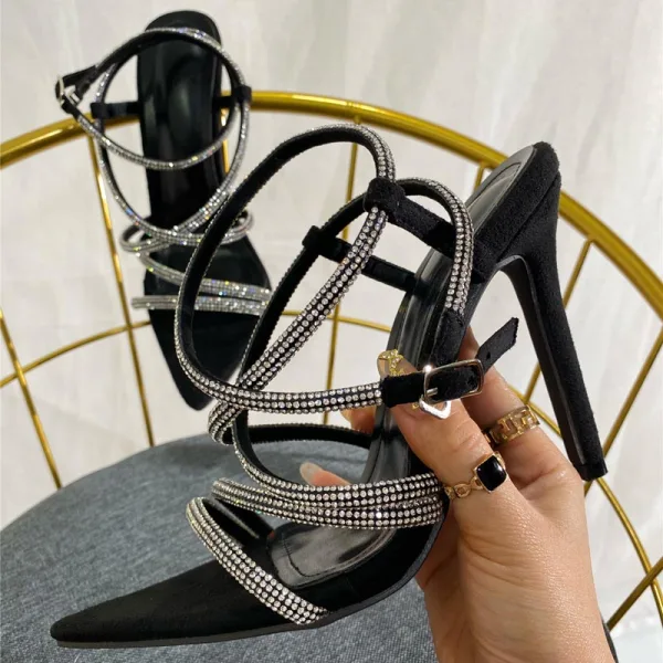 Sexy Noire Soirée Faux Diamant Sandales Femme 2022 Bride Cheville 11 cm Talons Aiguilles À Bout Pointu Sandales Talons Hauts