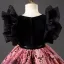Vintage / Originale Bordeaux Paillettes En Dentelle Fleur Promo Robe Ceremonie Fille 2022 Robe Boule Encolure Dégagée Gonflée Manches Courtes Noeud Ceinture Tribunal Train Robe Ceremonie Fille