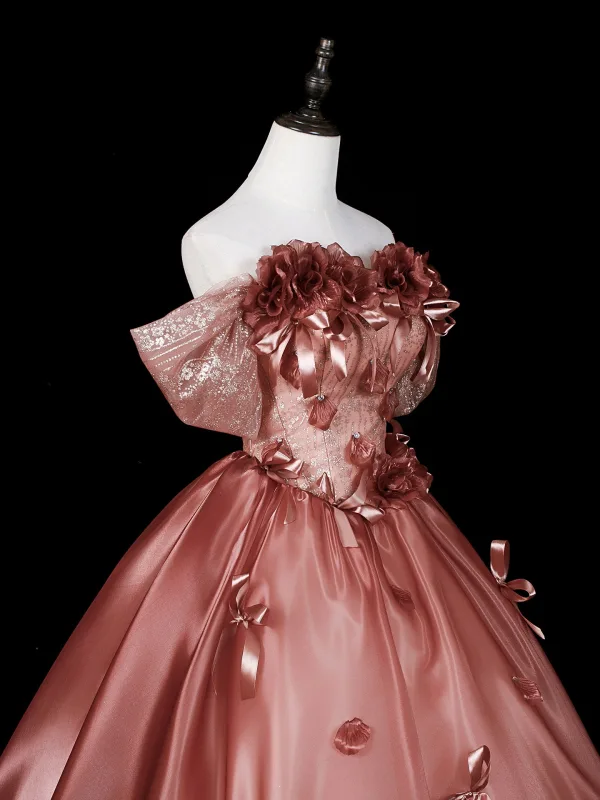 Dreamy Rose Gold Sequins Bow Appliques Prom Dresses 2026 Ball Gown Off-The-Shoulder Short Sleeve Backless