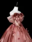 Dreamy Rose Gold Sequins Bow Appliques Prom Dresses 2026 Ball Gown Off-The-Shoulder Short Sleeve Backless
