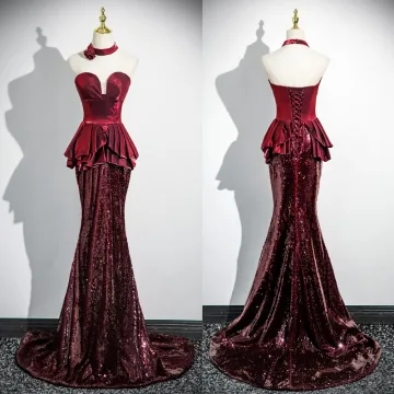 Sexy Burgundy Sequins Trumpet Mermaid Prom Dresses 2024 Strapless Short Sleeve Backless Sweep Train Prom Formal Dresses