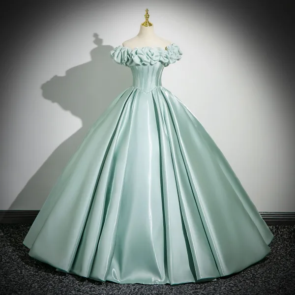 Elegant Mint Green Satin Prom Dresses Ball Gown 2025 Off-The-Shoulder Short Sleeve Backless Floor-Length / Long Formal Dresses