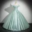 Elegant Mint Green Satin Prom Dresses Ball Gown 2025 Off-The-Shoulder Short Sleeve Backless Floor-Length / Long Formal Dresses