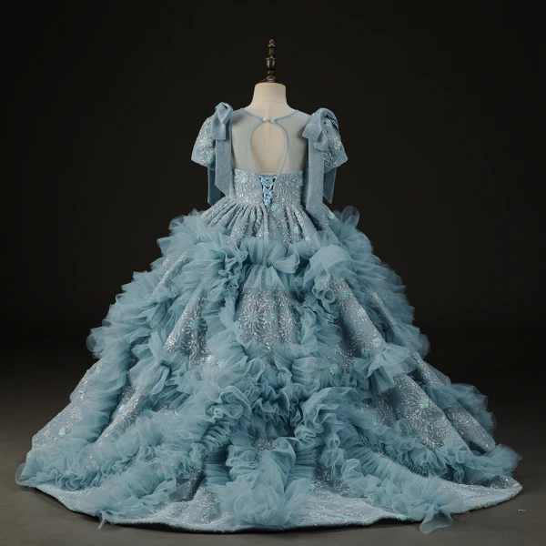 Luxury / Gorgeous Sky Blue Beading Pearl Sequins Cascading Ruffles Birthday Flower Girl Dresses 2023 Ball Gown Scoop Neck Short Sleeve Bow Backless Sweep Train