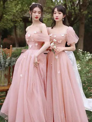 Modest Simple Candy Pink Lace Butterfly Bridesmaid Dresses 2022 A Line Princess Short Sleeve Backless Floor Length Long Bridesmaid Dresses