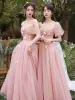 Modest / Simple Candy Pink Lace Butterfly Bridesmaid Dresses 2022 A-Line / Princess Short Sleeve Backless Floor-Length / Long Bridesmaid Dresses