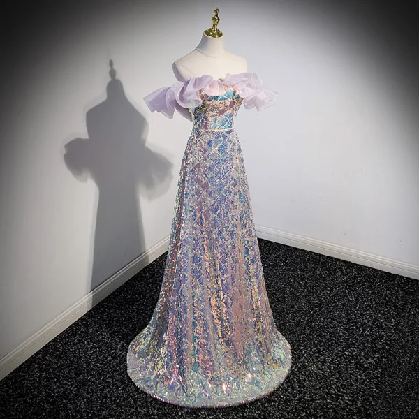 Sexy Sparkly Lavender Laser Sequins Evening Dresses 2023 A-Line / Princess Off-The-Shoulder Sleeveless Backless Floor-Length / Long Evening Party Formal Dresses