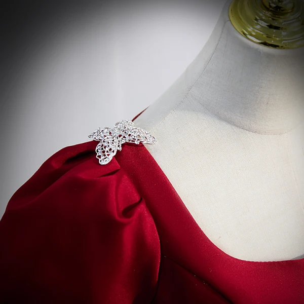 Elegant Burgundy Satin Prom Dresses 2022 A-Line / Princess U-Neck Short Sleeve Backless Bow Sash Floor-Length / Long Formal Dresses