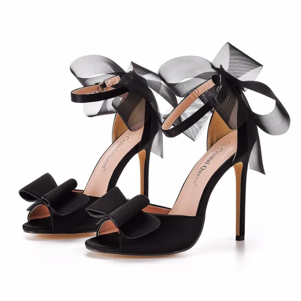 Sexy Noire Soirée Bride Cheville Noeud Sandales Femme 2025 11 cm Talons Aiguilles Peep Toes / Bout Ouvert Sandales Talons Hauts