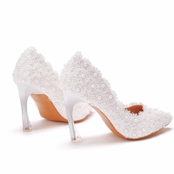 Elegant White Pearl Lace Flower Wedding Shoes 2022 9 cm Stiletto Heels Pointed Toe Wedding Pumps High Heels