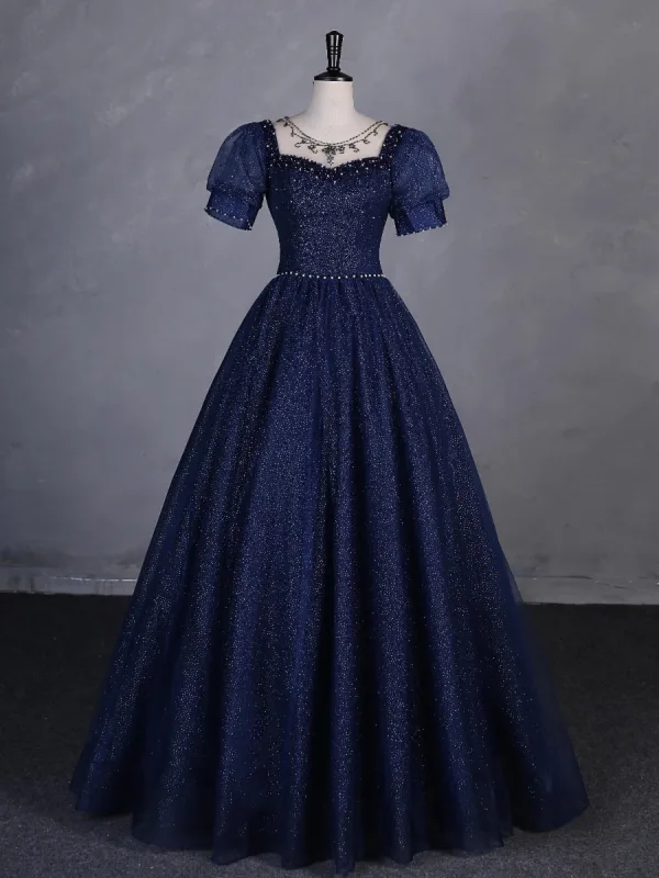 Vintage / Retro Navy Blue Beading Pearl Sequins Prom Dresses 2023 Ball Gown Square Neckline Short Sleeve Backless Floor-Length / Long Prom Formal Dresses