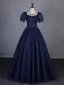 Vintage / Retro Navy Blue Beading Pearl Sequins Prom Dresses 2023 Ball Gown Square Neckline Short Sleeve Backless Floor-Length / Long Prom Formal Dresses