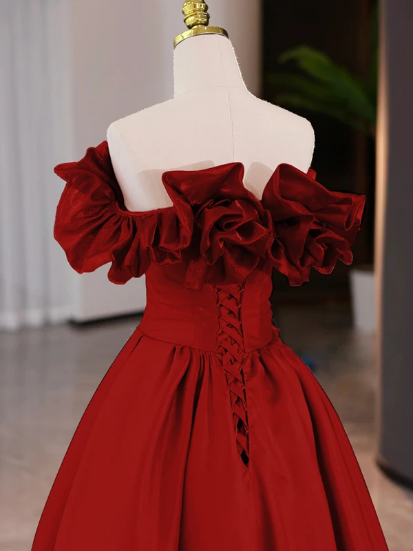 Elegant Burgundy Satin Prom Dresses 2023 A-Line / Princess Ruffle Strapless Sleeveless Backless Floor-Length / Long Prom Formal Dresses