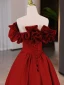 Elegant Burgundy Satin Prom Dresses 2023 A-Line / Princess Ruffle Strapless Sleeveless Backless Floor-Length / Long Prom Formal Dresses