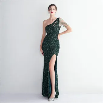 Sparkly Dark Green Beading Sequins Split Front Evening Dresses 2024 Trumpet Mermaid One Shoulder Sleeveless Backless Floor Length Long Evening Party Formal Dresses