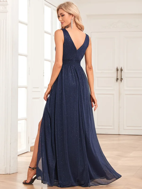 Modest / Simple Navy Blue Glitter Split Front Evening Dresses 2024 A-Line / Princess V-Neck Sleeveless Backless Floor-Length / Long Evening Party Formal Dresses