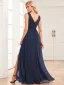 Modest / Simple Navy Blue Glitter Split Front Evening Dresses 2024 A-Line / Princess V-Neck Sleeveless Backless Floor-Length / Long Evening Party Formal Dresses