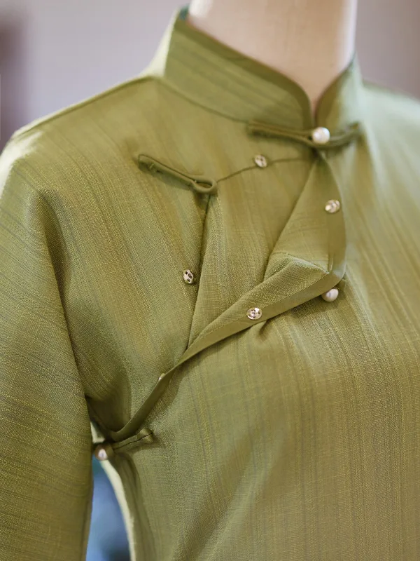 Chinese style Sage Green Tea-length Cheongsam / Qipao 2024 Trumpet / Mermaid High Neck 1/2 Sleeves Prom