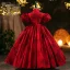 Elegant Burgundy Lace Flower Birthday Flower Girl Dresses 2024 Ball Gown High Neck Short Sleeve Floor-Length / Long