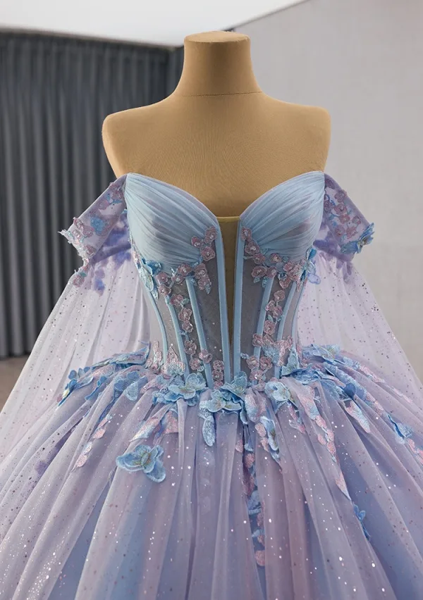 Haut de Gamme Bleu Ciel En Dentelle Papillon Perlage Paillettes Appliques Robe De Bal 2025 Robe Boule De l'épaule Manches Courtes Dos Nu Royal Train Tulle Robe De Ceremonie