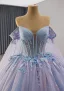 Haut de Gamme Bleu Ciel En Dentelle Papillon Perlage Paillettes Appliques Robe De Bal 2025 Robe Boule De l'épaule Manches Courtes Dos Nu Royal Train Tulle Robe De Ceremonie