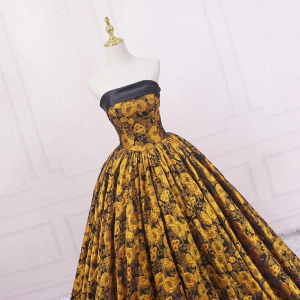 Vintage / Retro Black Gold Printing Prom Dresses 2023 Ball Gown Satin Strapless Sleeveless Backless Floor-Length / Long Prom Formal Dresses