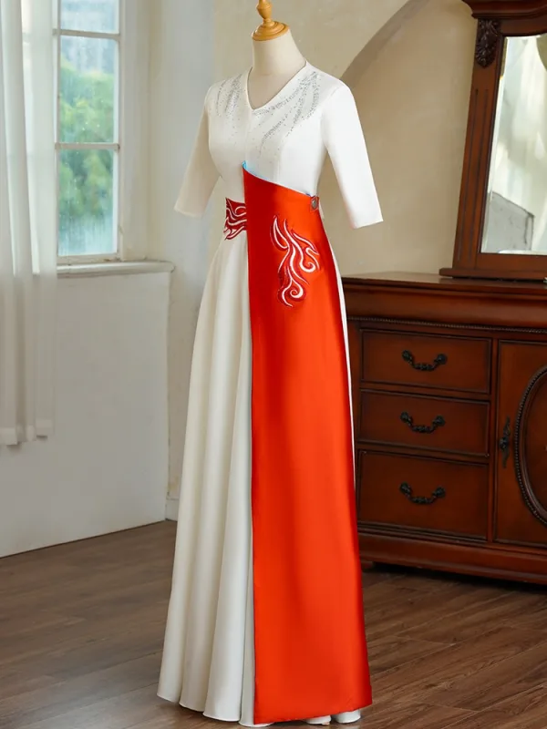 Vintage / Retro White Two Tone Prom Dresses 2025 A-Line / Princess V-Neck 1/2 Sleeves Floor-Length / Long Prom Formal Dresses