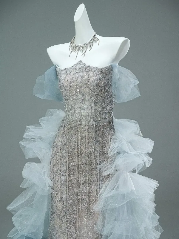 Scintillantes Luxe Argenté Perlage Volants en Cascade Paillettes Robe De Soirée 2025 Trompette / Sirène Bustier Sans Manches Dos Nu Train De Balayage Soirée Robe De Ceremonie