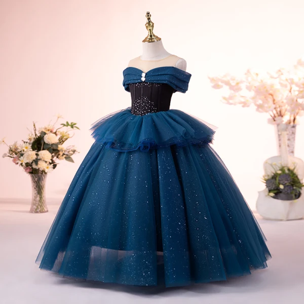 Elegant Navy Blue Sequins Rhinestone Birthday Flower Girl Dresses 2023 Ball Gown Scoop Neck Sleeveless Backless Floor-Length / Long