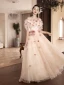 Elegant Champagne Appliques Prom Dresses 2024 A-Line / Princess Off-The-Shoulder Short Sleeve Backless Floor-Length / Long Prom Formal Dresses