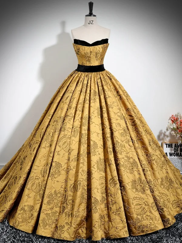 Elegant Gold Printing Prom Dresses 2024 Ball Gown Strapless Sleeveless Backless Floor-Length / Long Formal Dresses