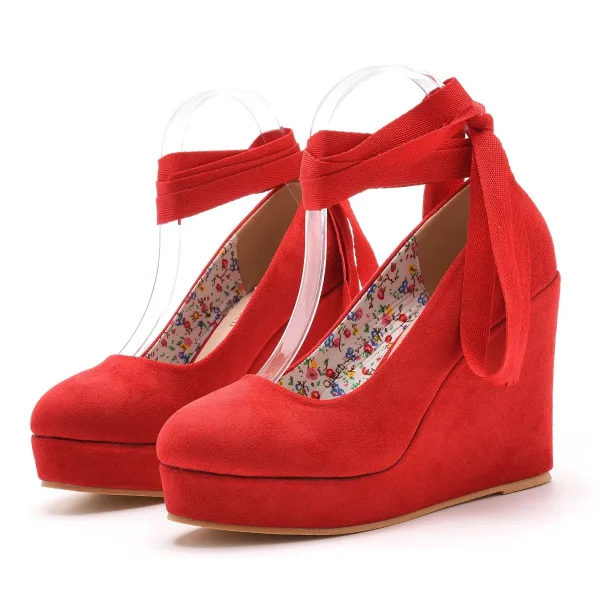 Romain Rouge Daim Soirée Chaussures Femmes 2023 Bride Cheville 11 cm Compensées À Bout Rond Chaussures Femmes
