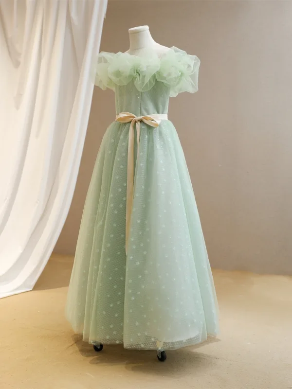 Simple Vert Cendré Paillettes Anniversaire Robe Ceremonie Fille 2024 Princesse Encolure Dégagée Volants Manches Courtes Noeud Ceinture Dos Nu Longue