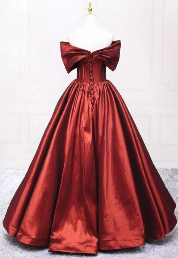 Elegant Burgundy Satin Prom Dresses 2025 Ball Gown Bow Off-The-Shoulder Short Sleeve Backless Floor-Length / Long Prom Formal Dresses