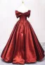 Elegant Burgundy Satin Prom Dresses 2025 Ball Gown Bow Off-The-Shoulder Short Sleeve Backless Floor-Length / Long Prom Formal Dresses