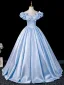 Elegant Sky Blue Prom Dresses 2026 Ball Gown Ruffle Off-The-Shoulder Bow Short Sleeve Backless Floor-Length / Long Formal Dresses
