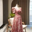 Elegant Burgundy Floral Prom Dresses 2022 A-Line / Princess Satin Square Neckline Pearl Puffy Short Sleeve Backless Floor-Length / Long Prom Formal Dresses