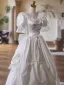 Medieval Vintage / Retro White Bow Lace Flower Satin Wedding Dresses 2025 A-Line / Princess V-Neck Short Sleeve Backless Floor-Length / Long Wedding