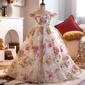 Fée Des Fleurs Multi Couleurs Paillettes En Dentelle Fleur Anniversaire Robe Ceremonie Fille 2025 Robe Boule De L Épaule Sans Manches Dos Nu Longue Tulle
