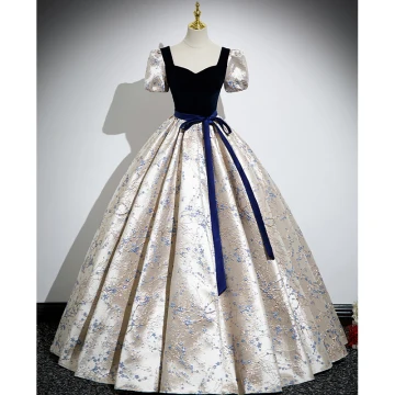 Elegant Black Printing Prom Dresses 2023 Ball Gown Square Neckline Short Sleeve Backless Bow Floor Length Long Prom Formal Dresses