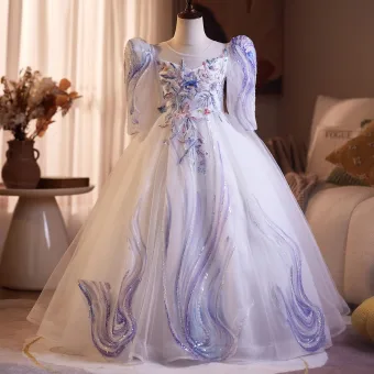 Chic Beautiful Lavender Beading Lace Flower Birthday Flower Girl Dresses 2025 Ball Gown Scoop Neck 3 4 Sleeve Backless Floor Length Long Tulle