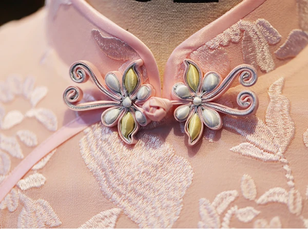 Chic / Beautiful Blushing Pink Lace Flower Silk Evening Party Cheongsam 2024 Trumpet / Mermaid High Neck Short Sleeve Tea-length