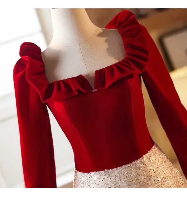 Chic / Belle Bordeaux Paillettes Robe De Bal 2024 Princesse Encolure Carrée Manches Longues Dos Nu Longue Promo Robe De Ceremonie