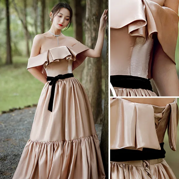 Elegant Beige Satin Prom Dresses 2022 A-Line / Princess Off-The-Shoulder Sleeveless Backless Bow Sash Floor-Length / Long Formal Dresses