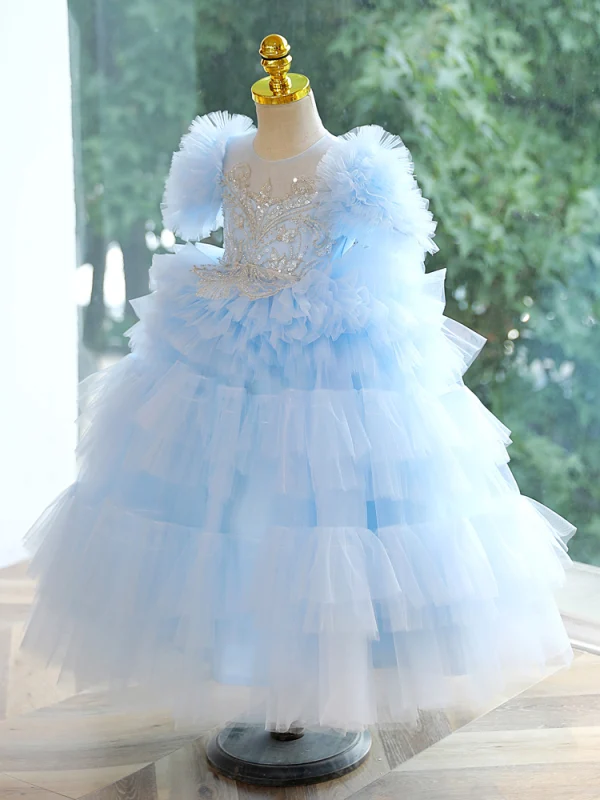 Fashion Sky Blue Beading Sequins Cascading Ruffles Birthday Flower Girl Dresses 2023 Ball Gown Scoop Neck Short Sleeve Backless Floor-Length / Long Flower Girl Dresses
