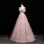 Fashion Blushing Pink Glitter Tassel Prom Dresses 2025 Ball Gown Off-The-Shoulder Short Sleeve Backless Floor-Length / Long Prom Formal Dresses