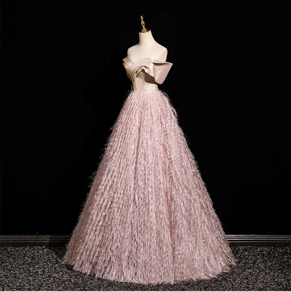 Fashion Blushing Pink Glitter Tassel Prom Dresses 2025 Ball Gown  Off-The-Shoulder Short Sleeve Backless Floor-Length / Long Prom Formal  Dresses
