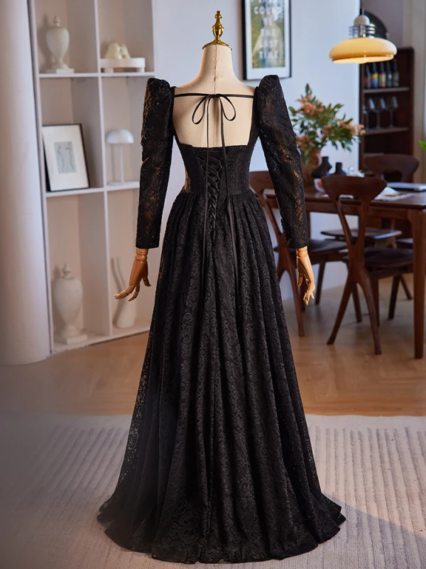 Vintage / Retro Black Lace Rhinestone Prom Dresses 2024 A-Line / Princess Square Neckline Long Sleeve Backless Floor-Length / Long Prom Formal Dresses